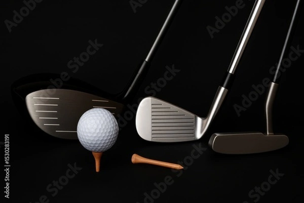 Obraz Close-Up Arrangement of Golf Equipment with Ball and Tee Against Black Background for Sports and Leisure Imagery