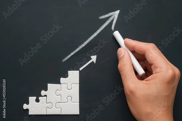 Obraz Creative representation of business growth concept with puzzle pieces and arrow on chalkboard background to symbolize progress and strategy planning