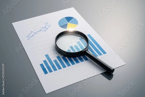 Obraz Magnifying Glass on Business Report Featuring Graphs and Charts Illustrating Financial Analysis and Data Insights for Professional Review