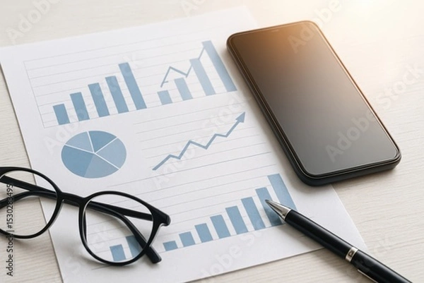 Obraz Business Analysis with Graphs and Charts Featuring a Smartphone, Glasses, and Pen on a Desk Surface