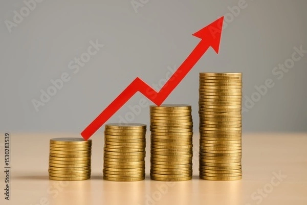 Obraz Financial Growth Concept with Stacked Coins and Red Arrow Depicting Increasing Trend in Revenue or Savings in Business or Investment Strategy