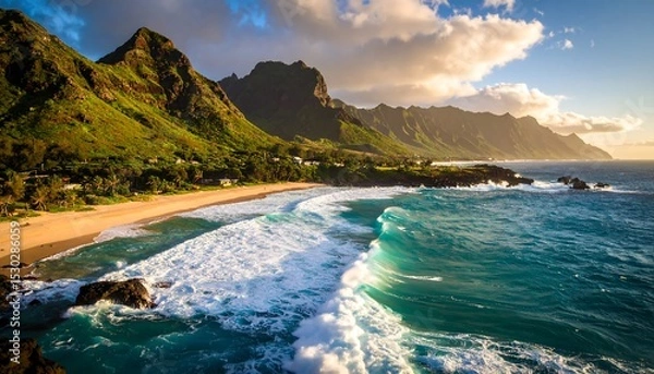 Fototapeta Lush Hawaiian coastline with waves crashing on beach, mountains at sunset, and idyllic landscape.