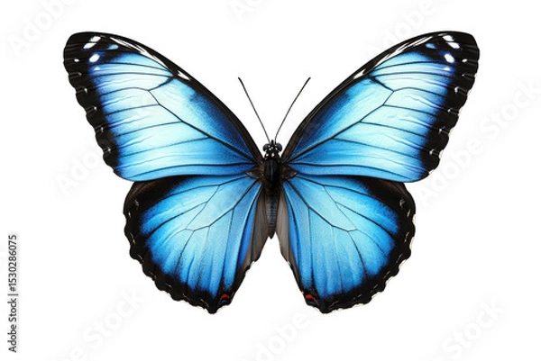 Fototapeta A Beautiful Blue Morpho Butterfly With Black Borders And Red Spots On Its Wings Isolated Against A Transparent Background