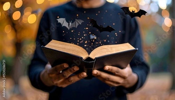 Fototapeta Mysterious Faceless Person with Magic Book and Flying Bats Effect