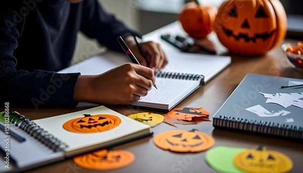 Fototapeta Child Placing Halloween Stickers on School Notebook at Table