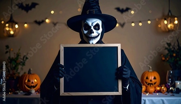 Fototapeta Faceless Cosplay Character with Halloween Menu Board at Party
