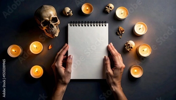 Fototapeta Faceless Hands Arrange Candles Around Skull and Blank Notebook