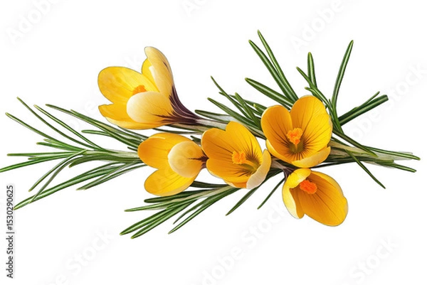 Fototapeta A Cluster Of Four Yellow Crocus Flowers With Green Rosemary Leaves Arranged On A Transparent Background