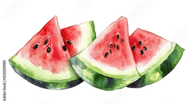 Fototapeta Watercolor Illustration Of Three Slices Of Juicy Red Watermelon With Black Seeds Isolated On A Transparent Background