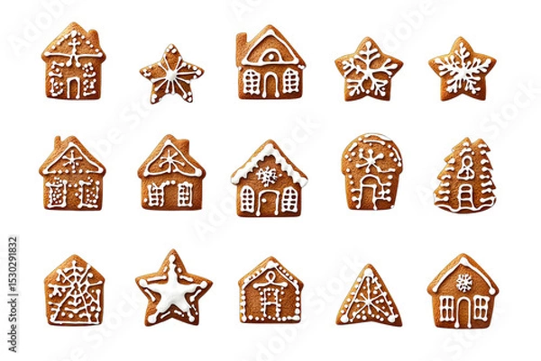 Fototapeta An Assortment Of Gingerbread Cookies In Various Shapes Including Houses Stars And Snowflakes The Cookies Are Decorated With White Icing And Arranged In A Grid Pattern On A Transparent Background