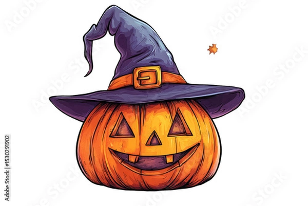 Fototapeta A Smiling Jack-o-lantern Wearing A Witch's Hat With A Buckle The Background Is White With A Few Falling Leaves And Bubbles
