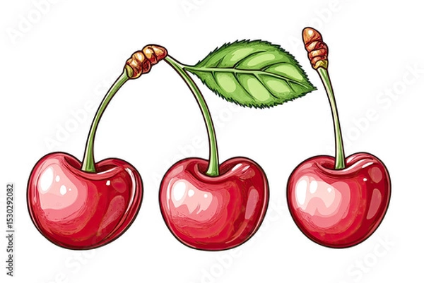 Fototapeta Three Ripe Cherries With Stems And A Green Leaf Isolated On A Transparent Background