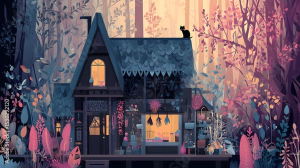 Obraz flat illustration of a witches cozy cottage deep