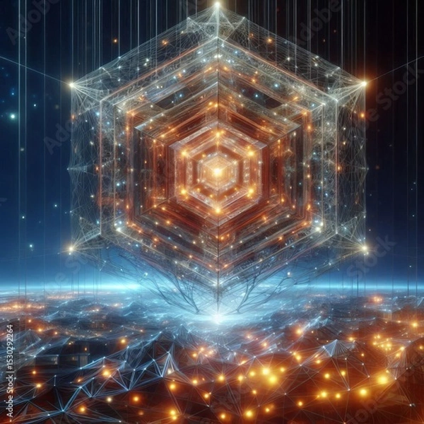 Fototapeta Tesseract Unfolding nested glowing geometries