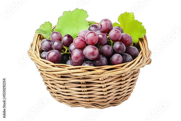 Fototapeta A Basket Of Red Grapes With Green Leaves Isolated On A Transparent Background