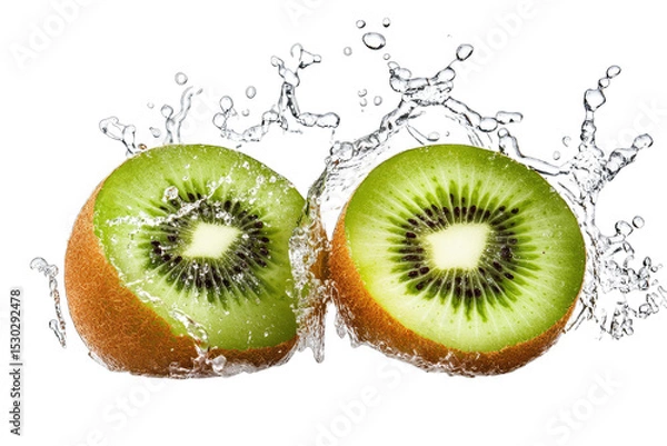 Fototapeta Two Halves Of A Kiwi Fruit Splashing Into Water Creating A Dramatic Water Spray The Fruit Is Cut In Half Revealing Its Green Flesh And Black Seeds Shot Against A Transparent Background Highlighting Th