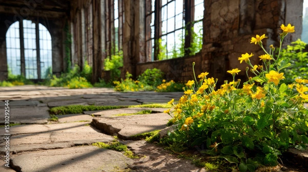 Obraz Wildflowers blooming within a sunlit, derelict structure, showcasing contrasted themes of decay and natural renewal. Captures an evocative ambiance of serenity amid regrowth.