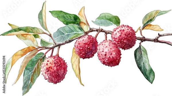 Fototapeta Watercolor Painting Of A Branch With Red Lychee Fruit And Green Leaves