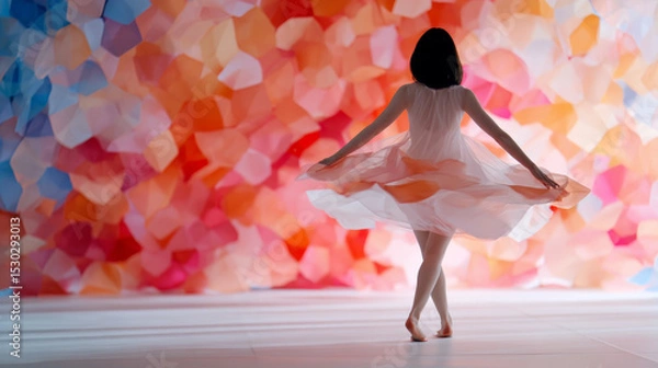 Obraz A woman twirling gracefully in a flowing white dress with a vivid and colorful abstract background, evoking feelings of elegance and creativity in motion.
