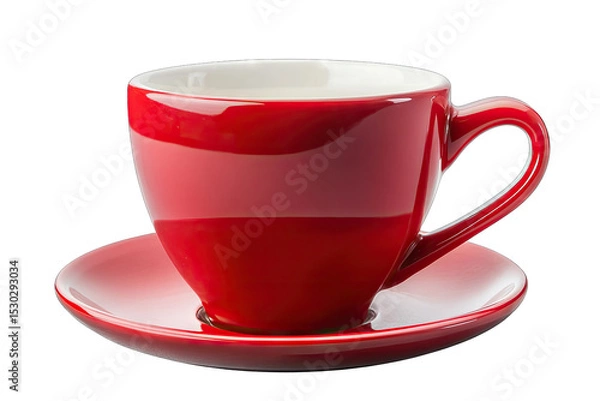 Fototapeta A Red Ceramic Coffee Cup And Saucer Isolated On A Transparent Background