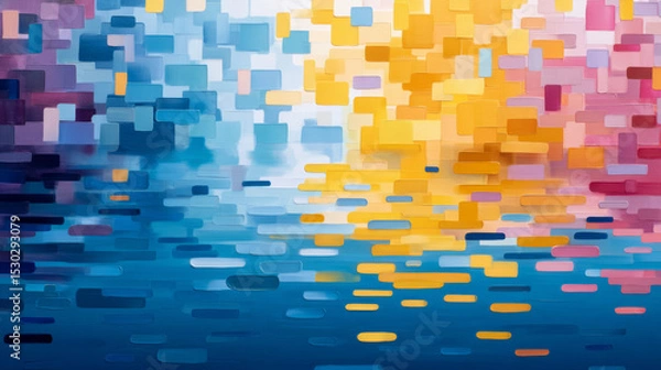 Fototapeta Abstract geometric art of colorful rectangles overlapping on a textured gradient background with soft blue, yellow, and pink hues