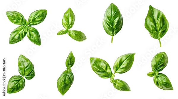 Fototapeta Collection Of Fresh Green Basil Leaves Isolated On Transparent Background