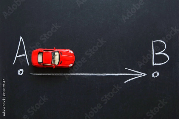 Fototapeta From point A to point B on the car. Drawing chalk on a black board