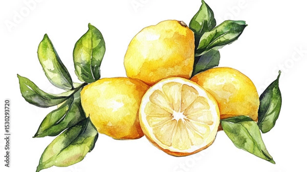 Fototapeta Watercolor Painting Of Four Lemons With One Cut In Half Showing The Inside And Green Leaves