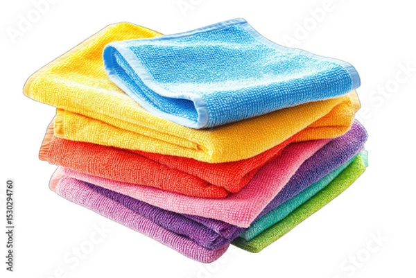 Fototapeta A Stack Of Six Colorful Towels Folded Neatly Arranged In A Rainbow Order From Blue To Green With A Transparent Background