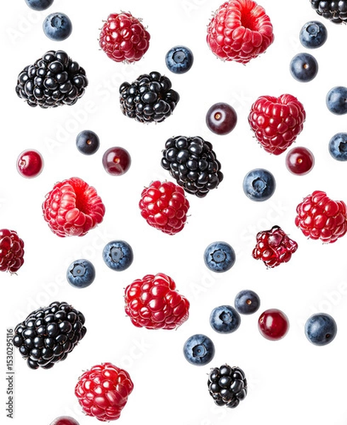 Fototapeta A Scattering Of Fresh Raspberries Blackberries Blueberries And Cranberries Fall Against A Transparent Background