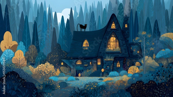 Obraz flat illustration of a witches cozy cottage deep