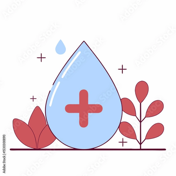 Fototapeta Illustration of a water drop with a plus sign and plants