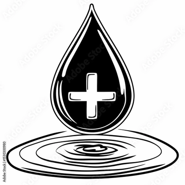 Fototapeta Stylized water droplet with plus sign over ripple effect