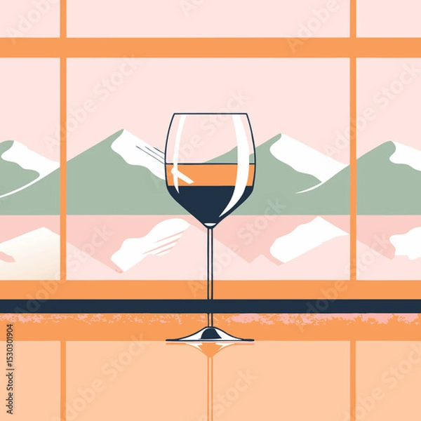 Fototapeta Wine glass with mountain view through window illustration