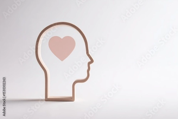 Obraz Minimalist 3D wooden human head profile with pink heart inside on white background, symbolizing emotional intelligence, mental health awareness, compassion, mindfulness, and love-driven thinking

