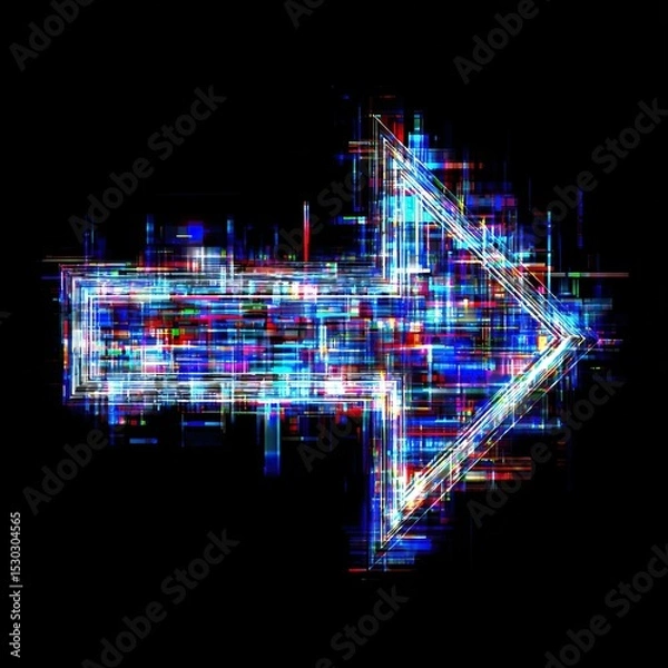 Obraz Digital glitch arrow, pointing right, with neon lights against black