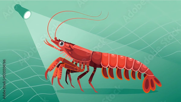 Fototapeta Flat Design Illustration of a Dynamic Red Mantis Shrimp with Powerful Claws and Metallic Exoskeleton on Teal Background