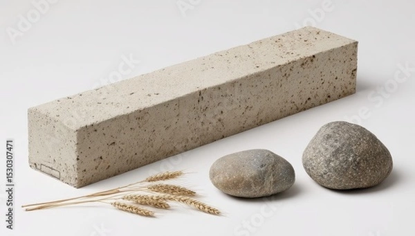 Fototapeta Light beige rectangular block, beside stones and wheat stalks