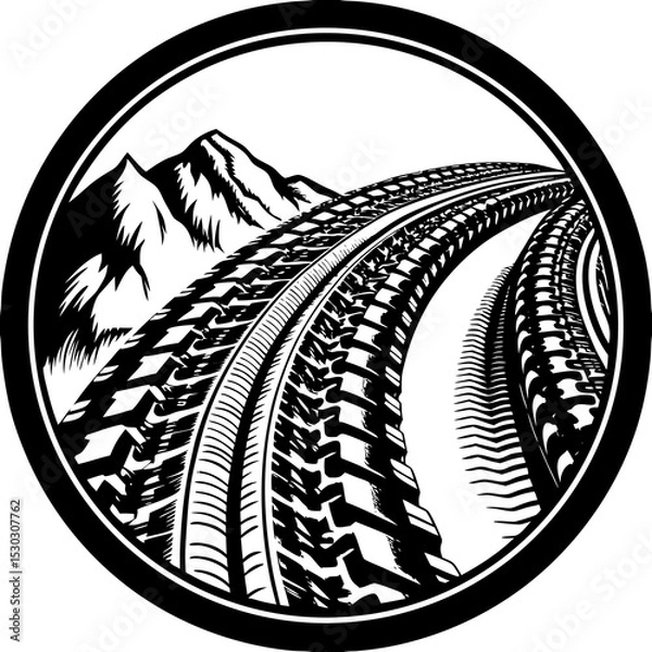 Fototapeta Tire tracks leading to mountains in a circular frame