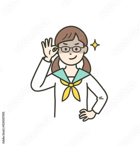 Fototapeta 眼鏡を上げて悪巧みしてニヤける女子学生女子