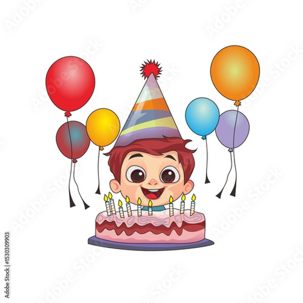 Obraz Adorable cartoon-style illustration of a happy boy wearing a striped party hat, surrounded by colorful balloons and a birthday cake with lit candles. Ideal for children's party decorations, birthday i