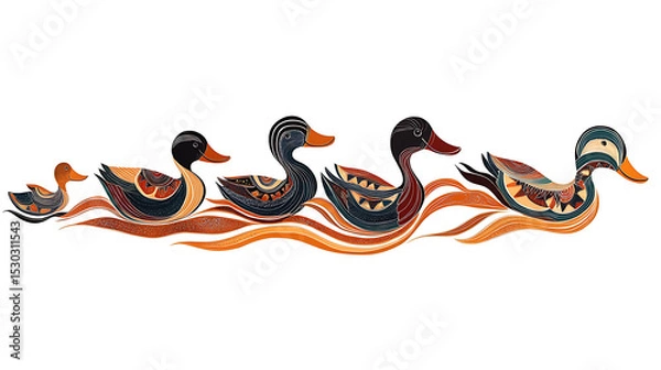 Obraz  Artistic depiction of five ducks swimming in a line, showcasing a progression from a small duckling to larger adult ducks with decorative patterns.