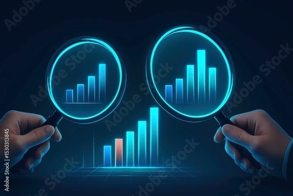 Fototapeta Hands Holding Magnifying Glasses Over Bright Data Graphs in Dark Background for Analysis