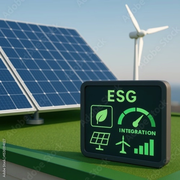 Fototapeta Solar Panels and Wind Turbine with ESG Integration Display for Sustainable Energy Solutions