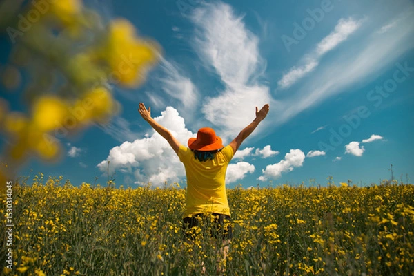 Obraz Trendy woman with stylish hat feeling free in the field with flowers