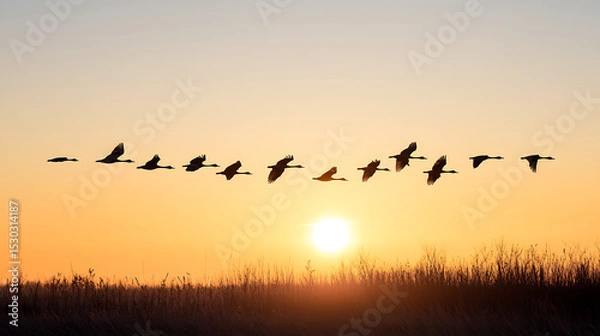 Obraz  Flock of geese flying in formation across a vibrant sunset sky over a silhouetted grassy field, symbolizing migration and freedom.