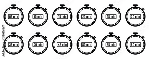 Fototapeta Progressive time interval alarm clock icons. Set of alarm clock icons displaying increasing time durations in segmented formats. Perfect for time tracking apps and visual schedules.