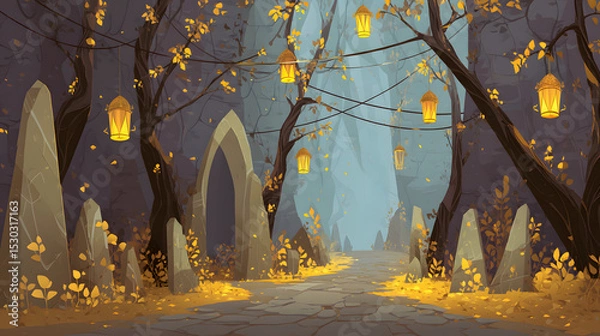 Obraz flat illustration of an elven path in the forest