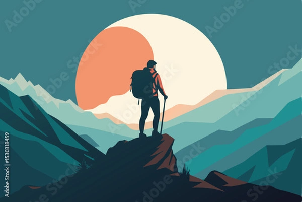 Fototapeta A lone hiker stands atop a rugged mountain ridge, silhouetted against a pale sky with a soft circular backdrop.eps