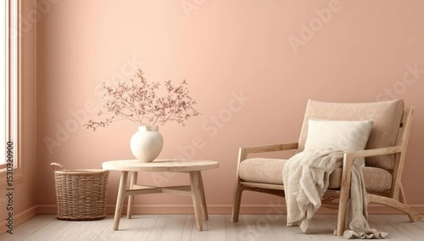 Fototapeta Soft peach room with wooden chair and coffee table